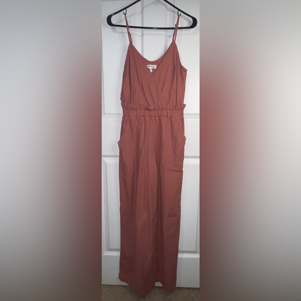 Monteau Jumpsuit Women's Size S Rust Linen Blend Wide Leg Spaghetti Strap